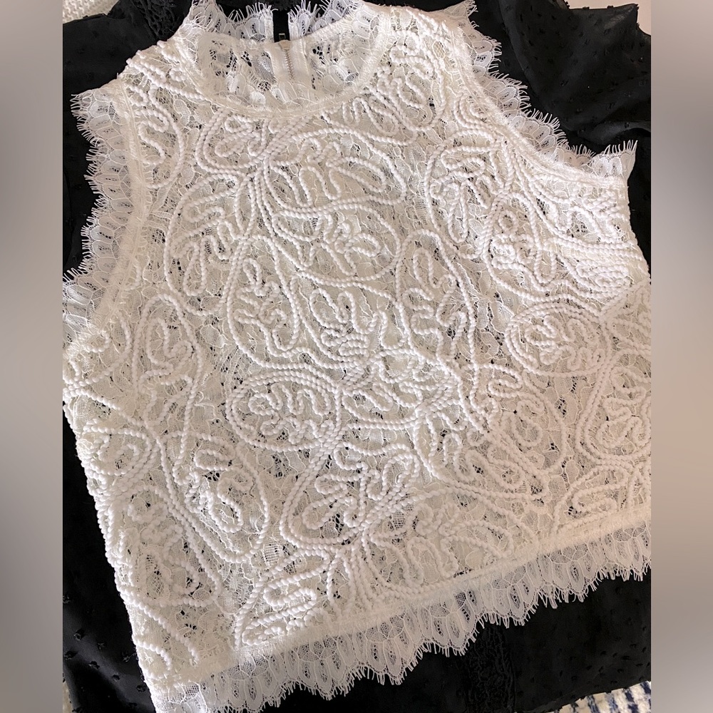 White sheer lace cropped sleeveless top
